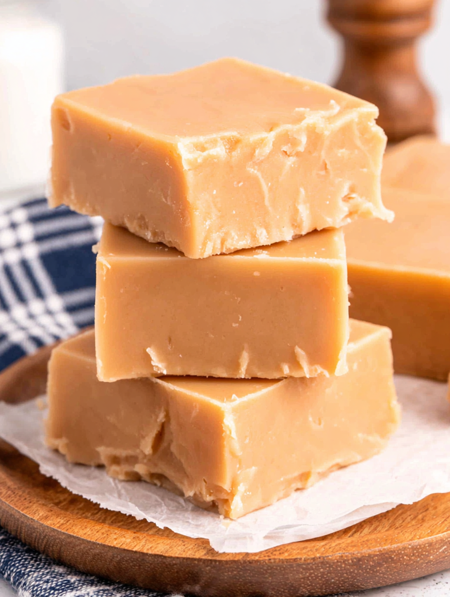 Sliced caramel fudge on cutting board