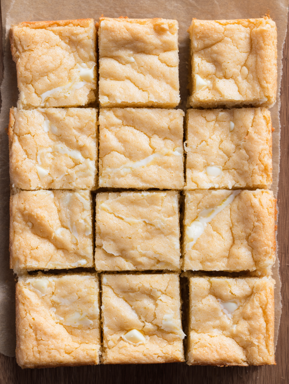 White chocolate brownies cooling on a wire rack