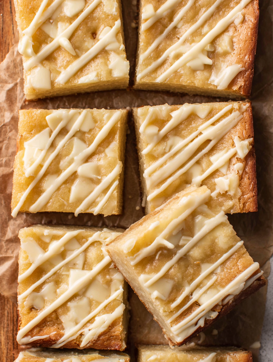 Close-up of a white chocolate brownie square
