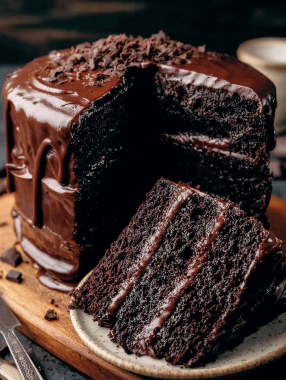 Three-layer moist chocolate cake with glossy fudge frosting