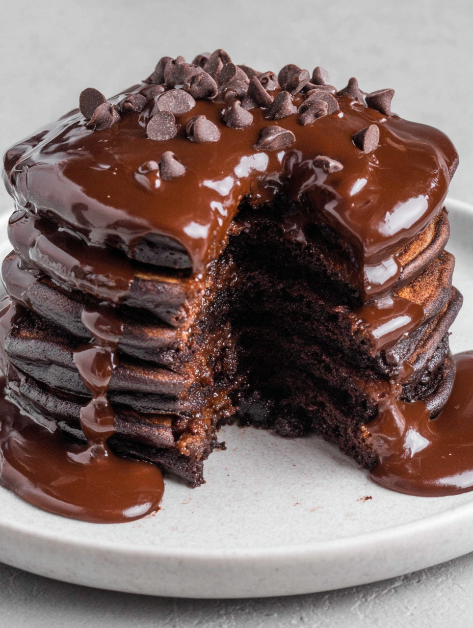 stack of chocolate pancakes with ganache