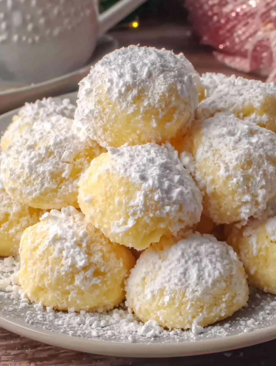Snowball cookies dusted with powdered sugar on a wire rack