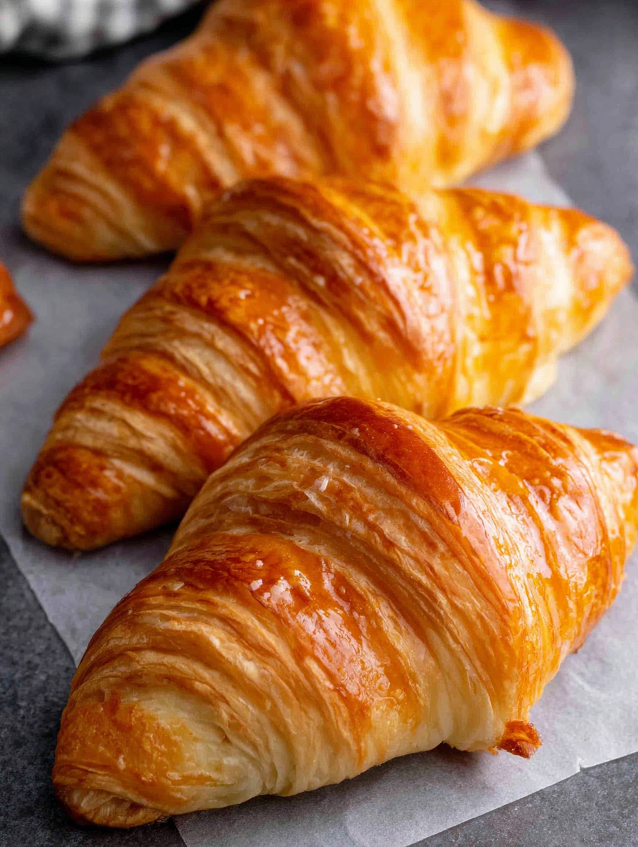 Baked golden croissants cooling on a rack