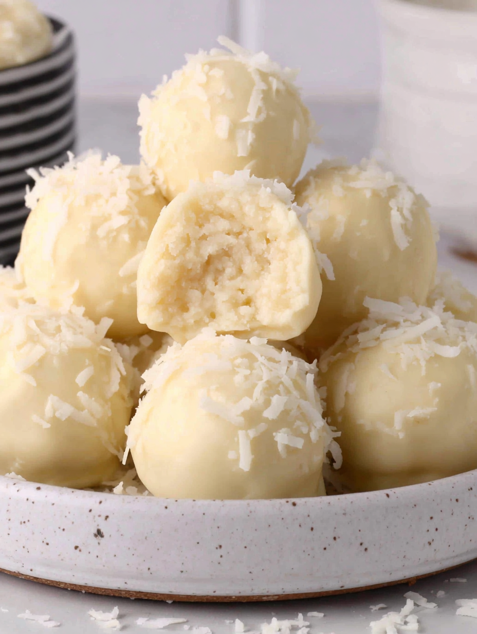 Close up of coconut snowball truffles topped with extra coconut