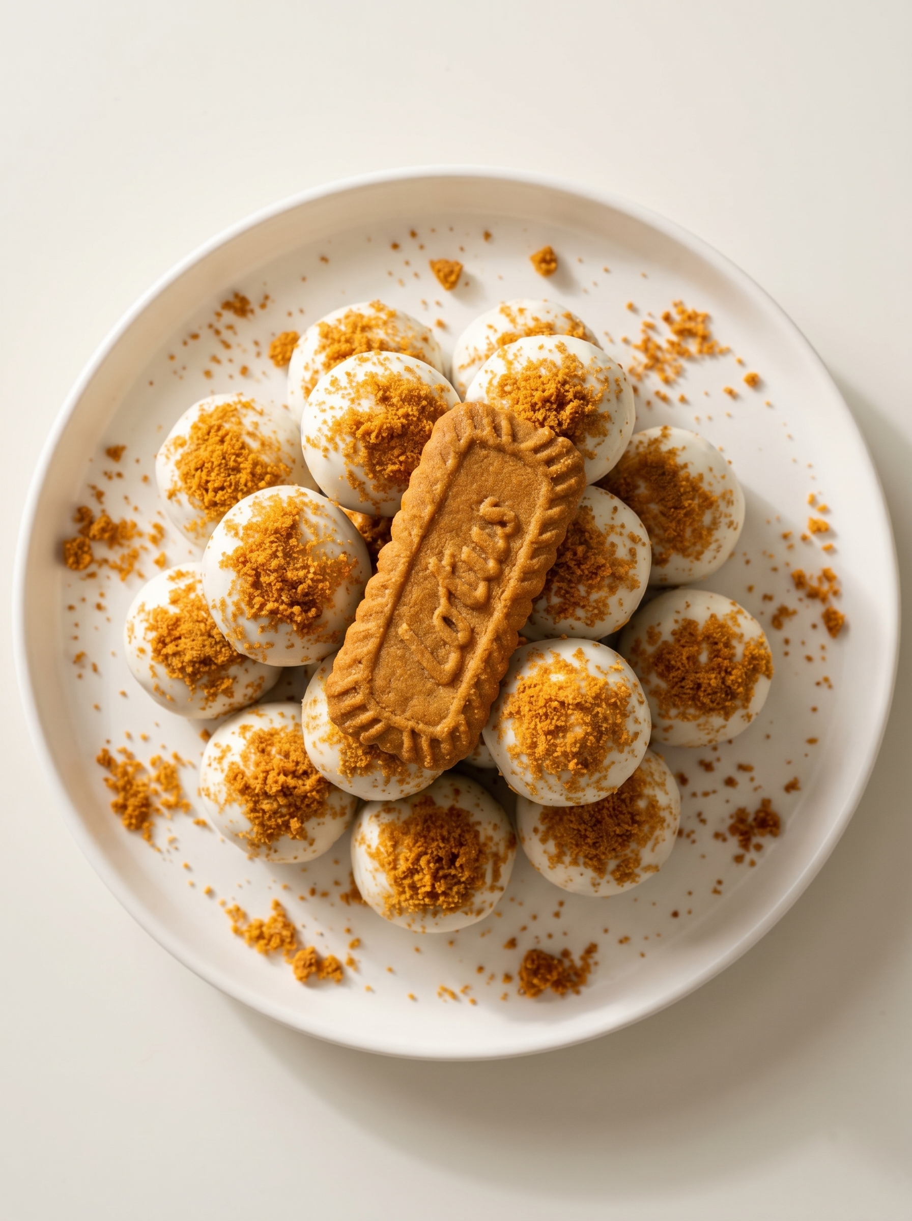 A tray of Biscoff truffles, some coated in vanilla chocolate and sprinkled with cookie crumbs