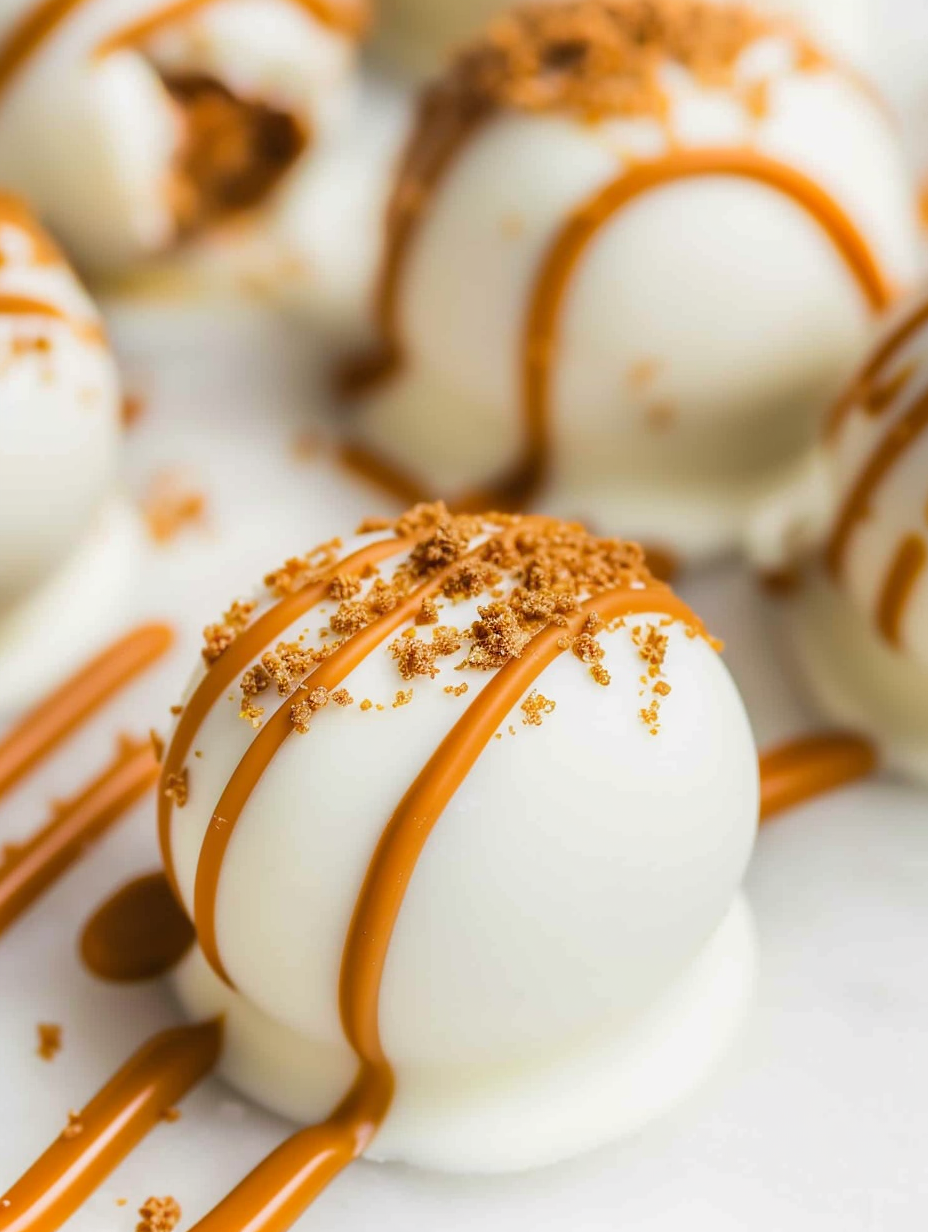 Biscoff truffles on parchment with drizzle