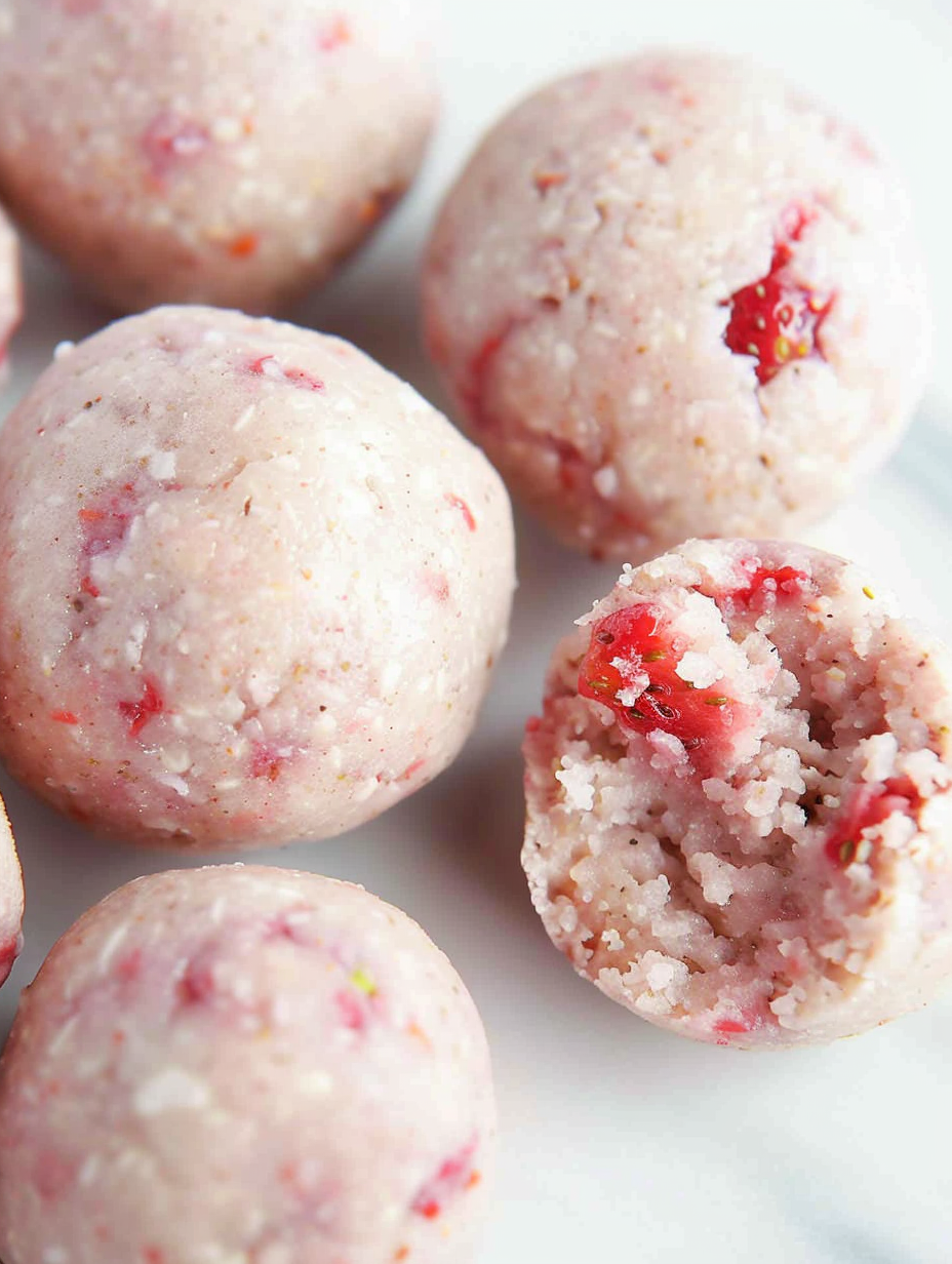 Fresh strawberry protein balls on a plate