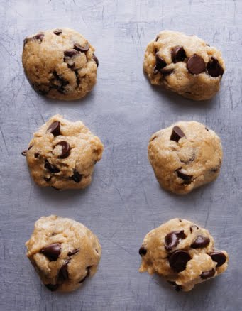 Freshly baked healthy chocolate chip cookies cooling on a tray