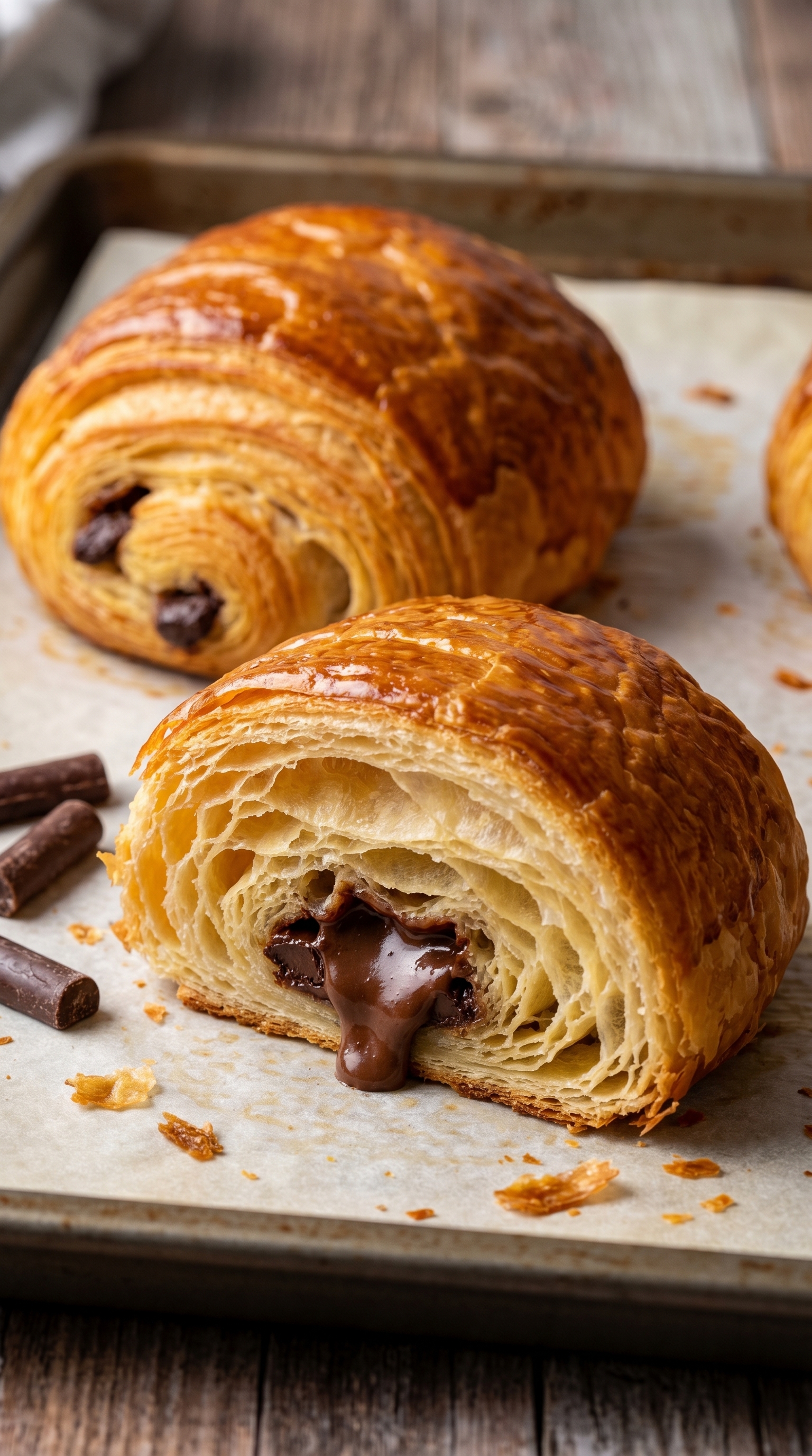 Freshly baked pain au chocolat cooling on a rack