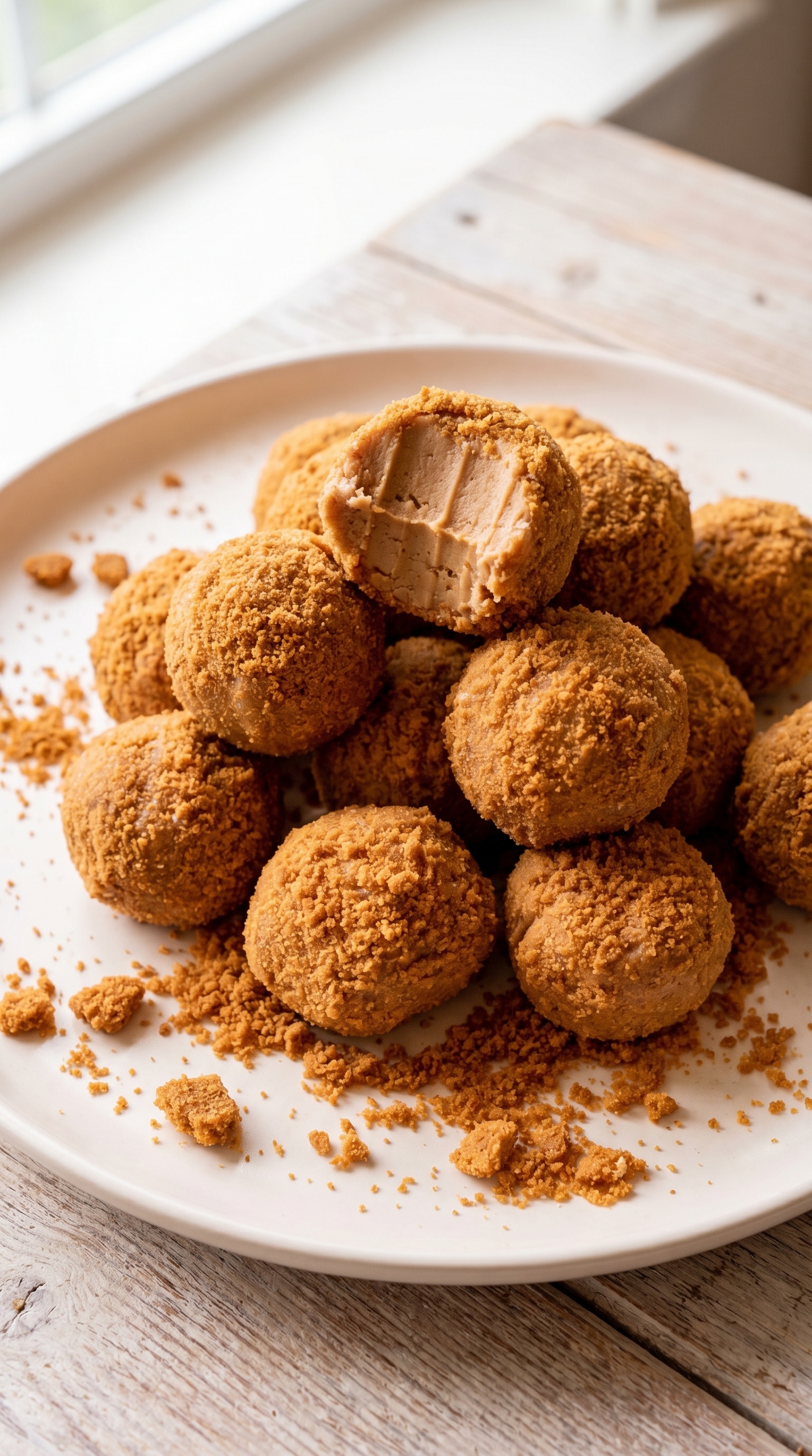 Biscoff truffles on plate with one on top with a bite taken out