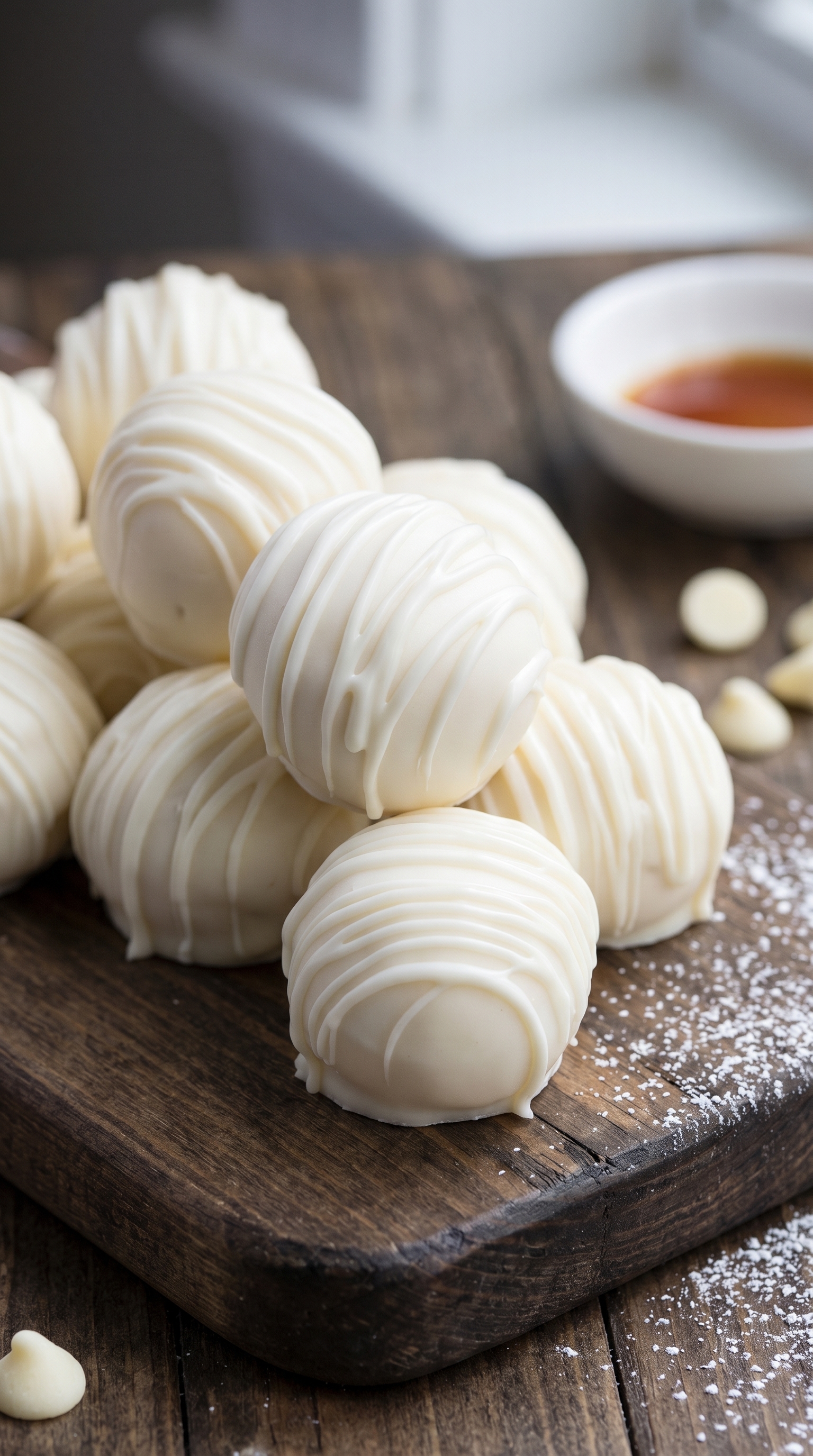 White chocolate truffles on a tray, some coated in nuts