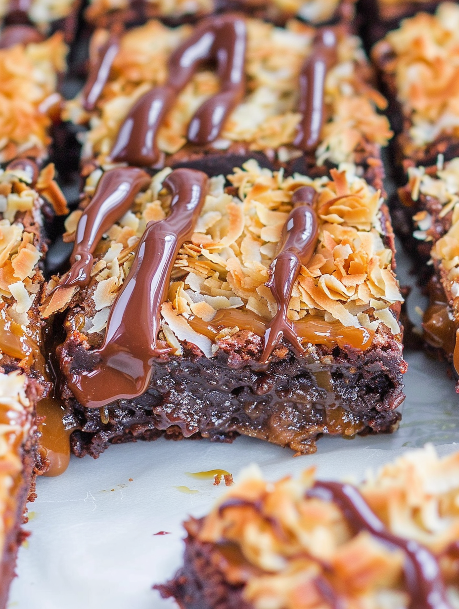 Finished Samoa style brownies with toasted coconut and chocolate drizzle
