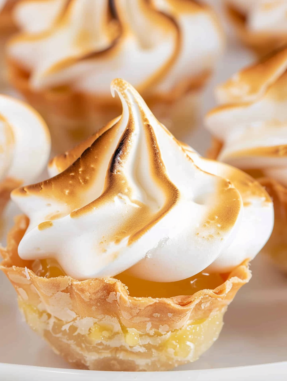 Toasted meringue peaks on mini lemon tarts