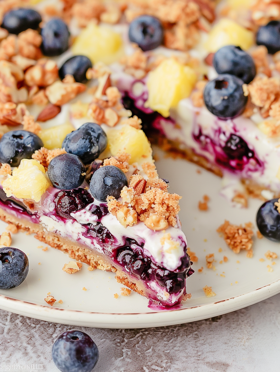 Lemon blueberry dessert pizza on a pan