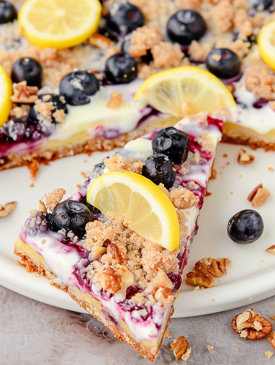 Close up of lemon curd and blueberries on dessert pizza