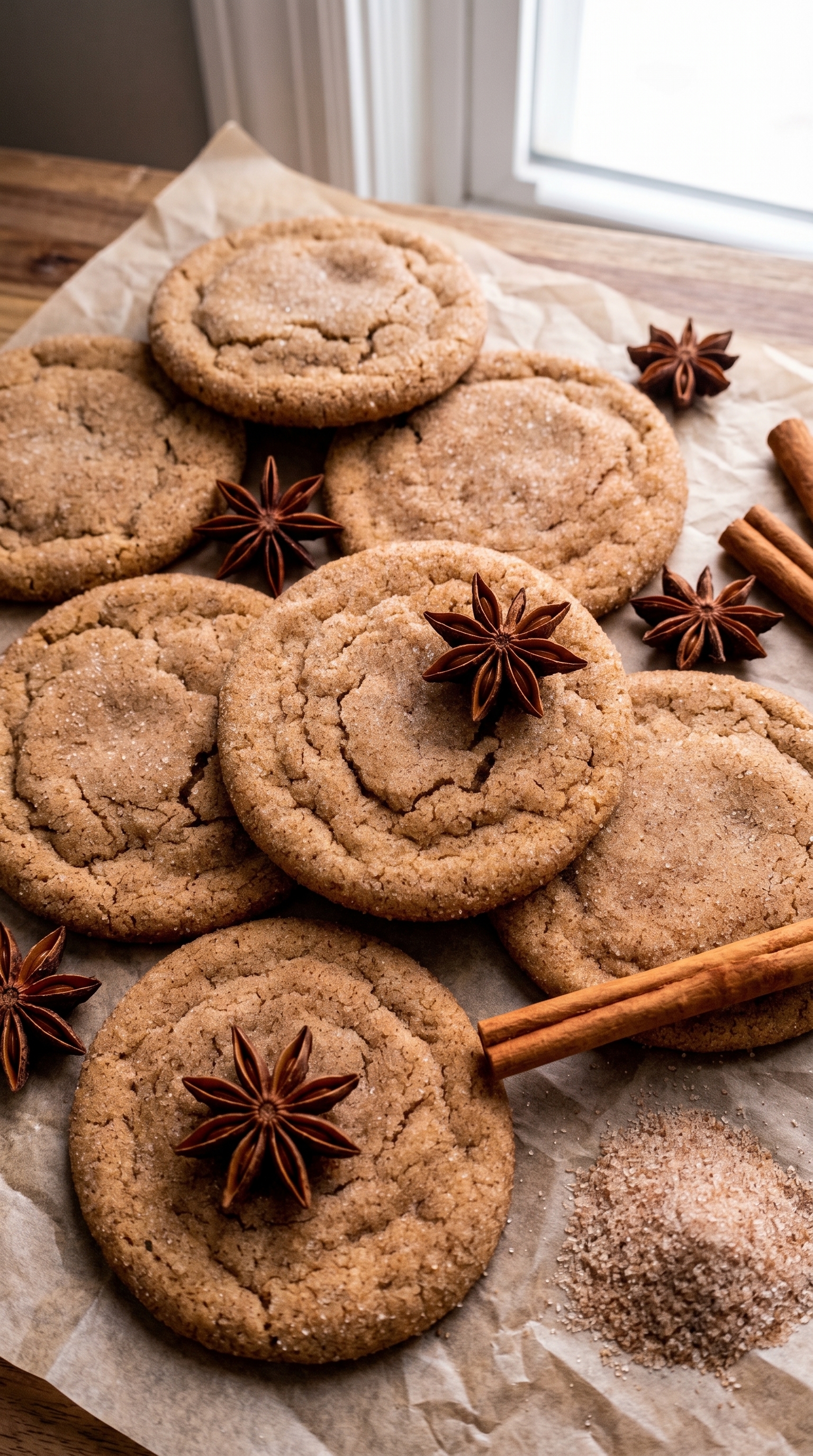 Chai cookies rolled in spiced sugar on parchment