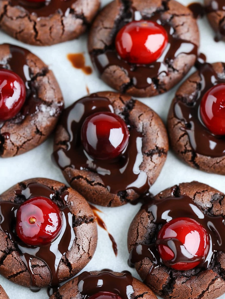Chocolate Cherry Thumbprint Cookies on a cooling rack