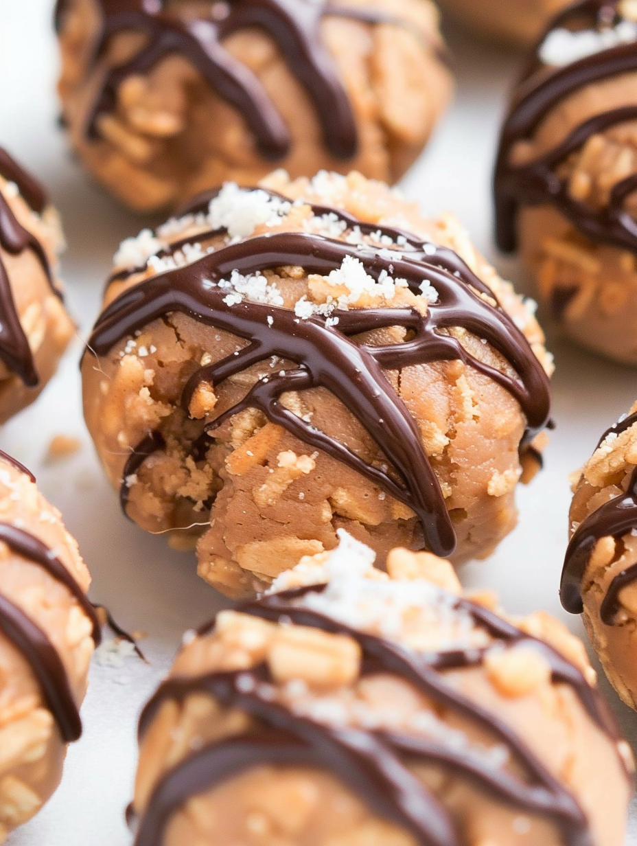 Stack of Muddy Buddy Protein Cookie balls with chocolate drizzle