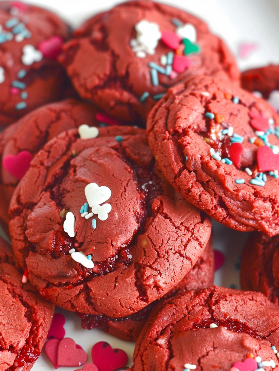 Tray of freshly baked red velvet cookies cooling on wire rack