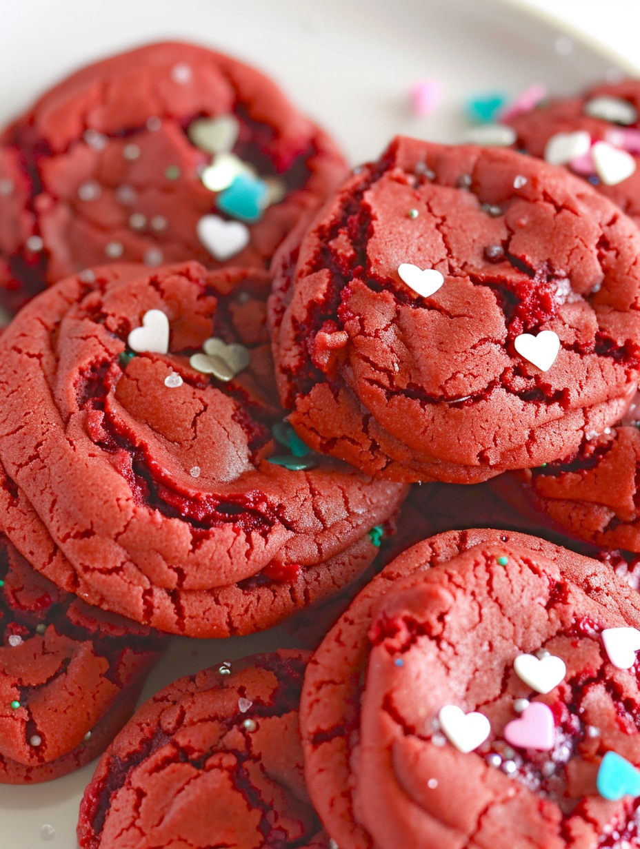 Close-up of a red velvet cookie with sprinkle accents