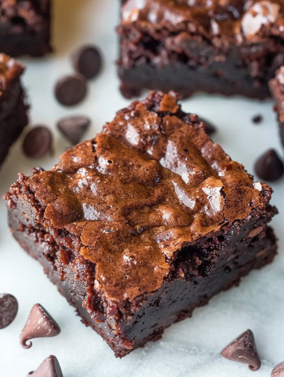 Close-up of a brownie square showing fudgy interior and chocolate chips