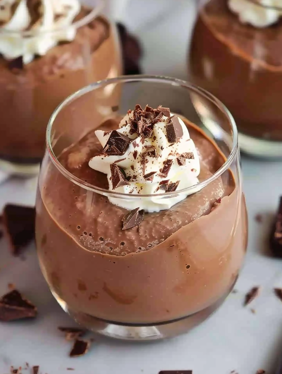 Glasses filled with egg free chocolate mousse garnished with cream and berries