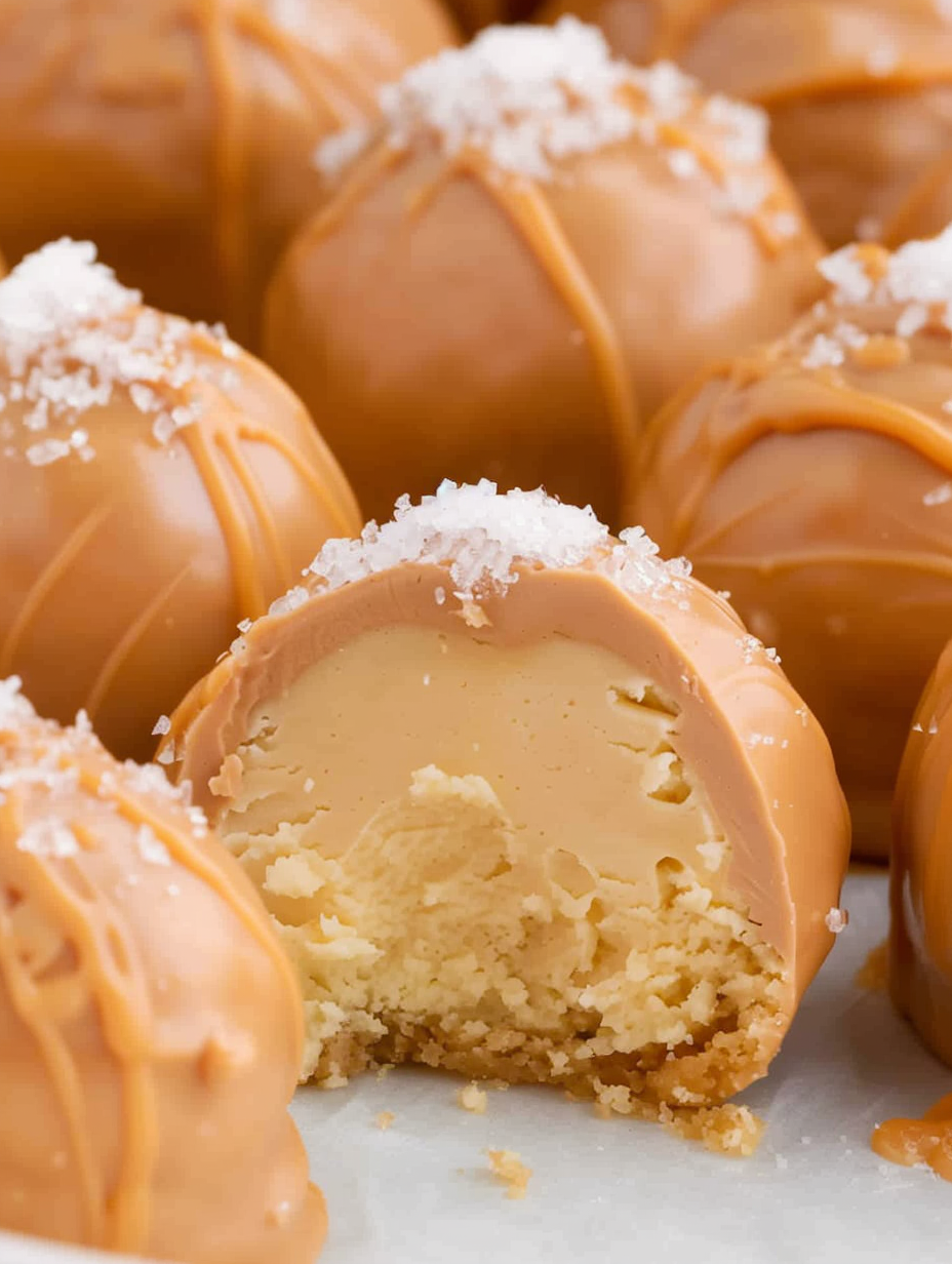 Close-up of a caramel-coated cheesecake bite