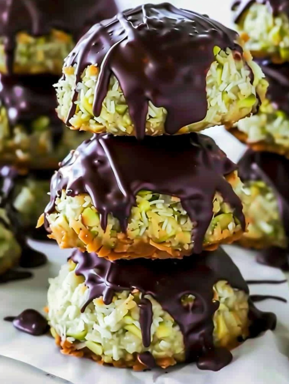 Close-up of a macaroon with pistachio crumb interior