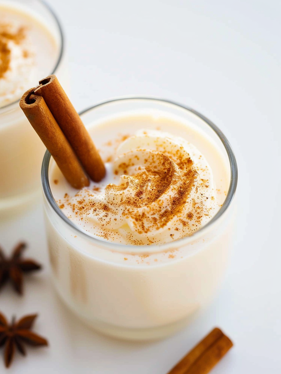 Glass of homemade eggnog topped with whipped cream and nutmeg