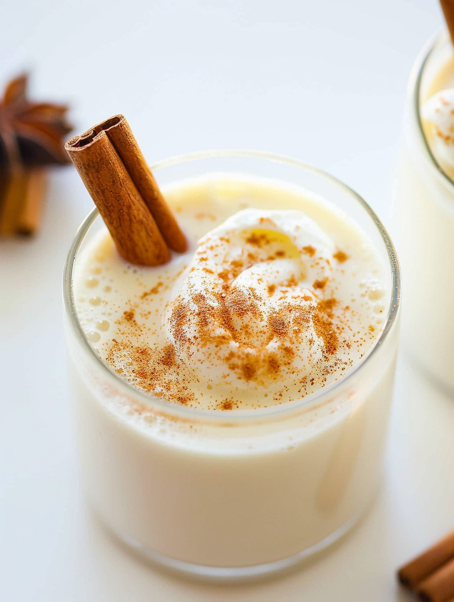 Bowl of chilled eggnog with grated nutmeg and cinnamon on top