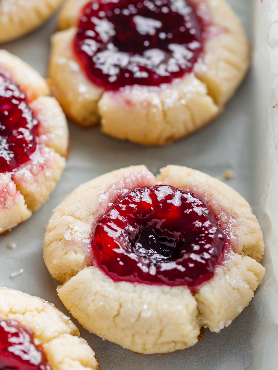 Raspberry cheesecake thumbprint cookies on a cooling rack