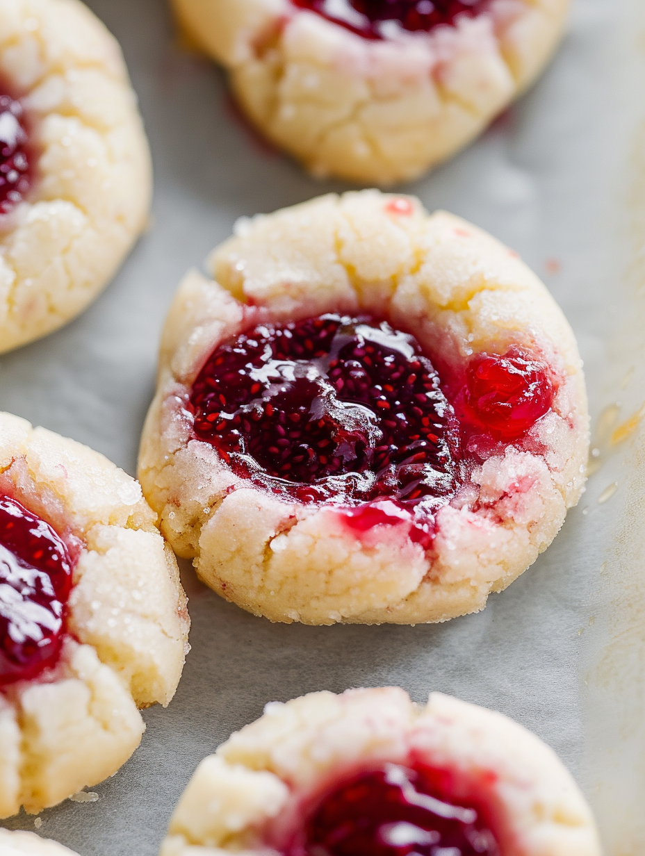 Close-up of raspberry jam filled thumbprint cookie