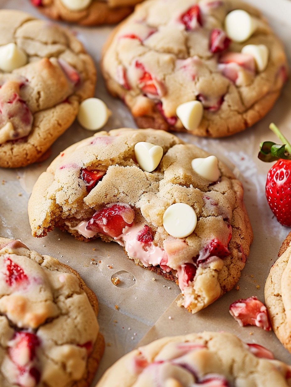 Freshly baked strawberries and cream cookies on parchment