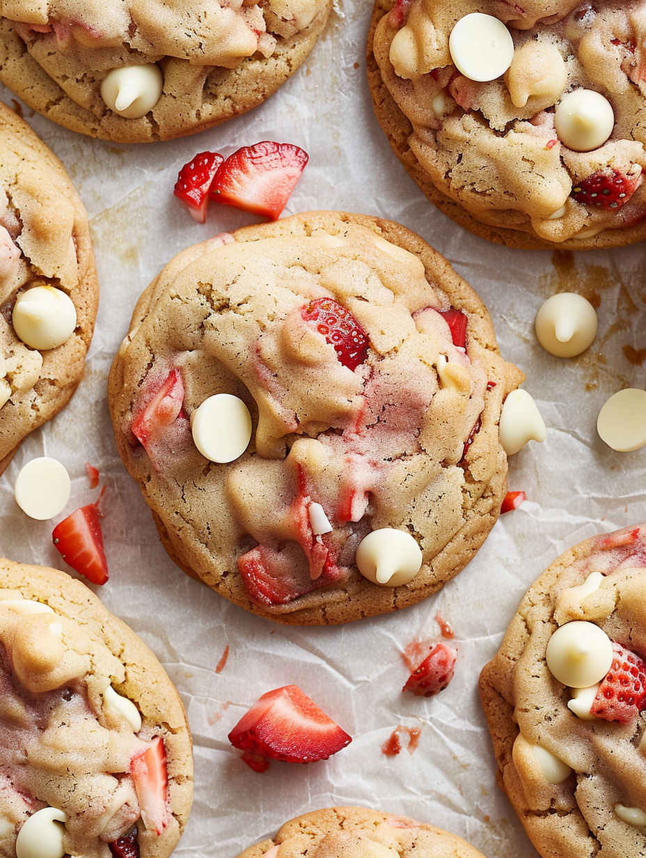 Close up of a cookie topped with white chocolate chips and strawberry pieces