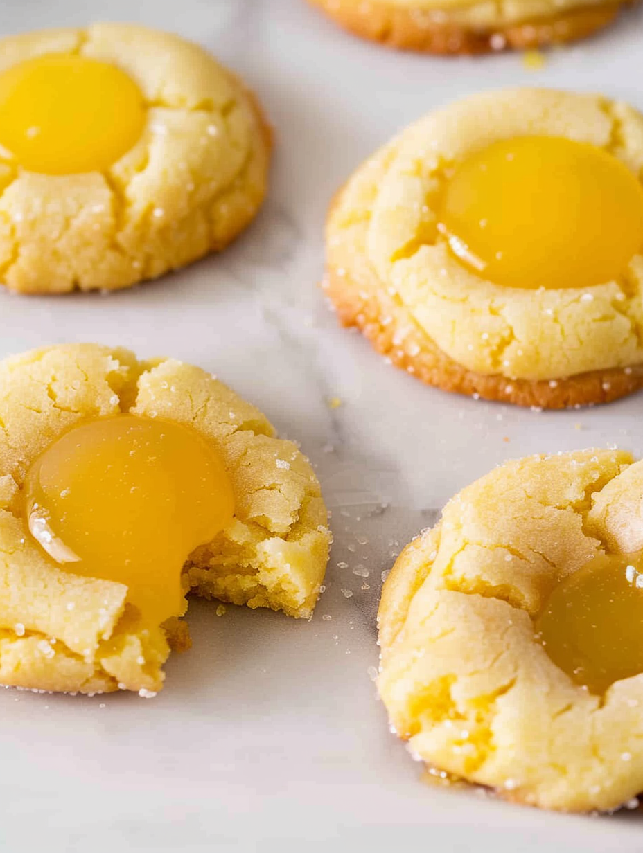 Close up of a lemon curd filled cookie