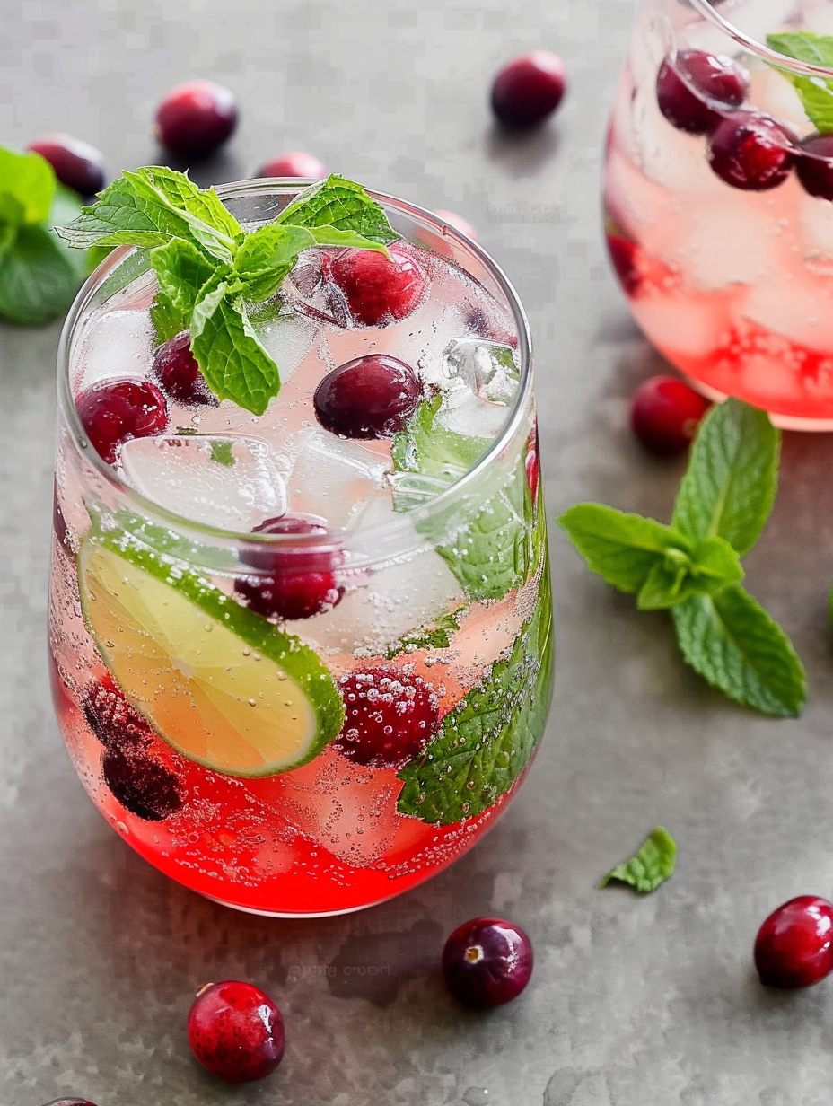Holiday Cranberry Mojito in a glass with mint and cranberries