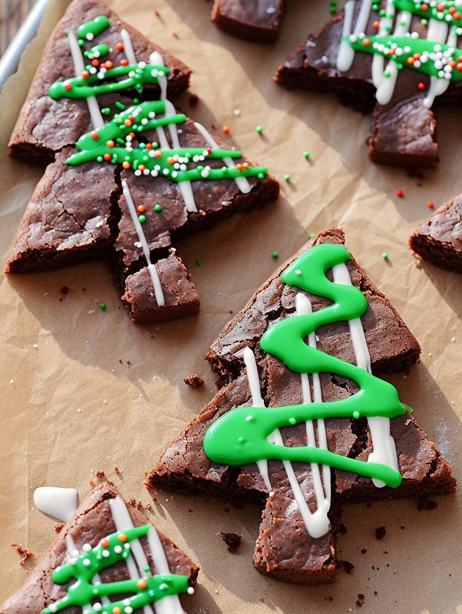 Decorated Christmas tree brownies on a tray