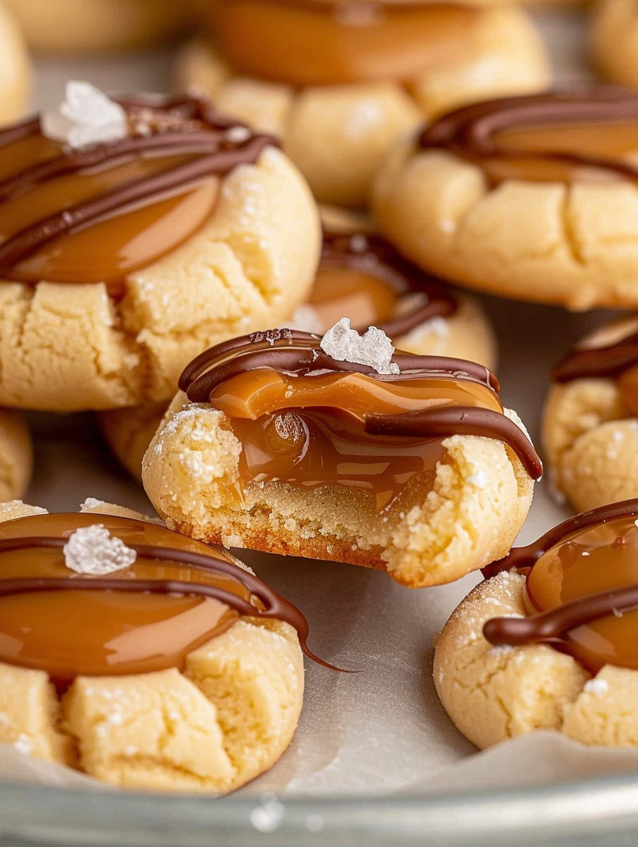 Twix Thumbprint Cookies on a tray with caramel centers