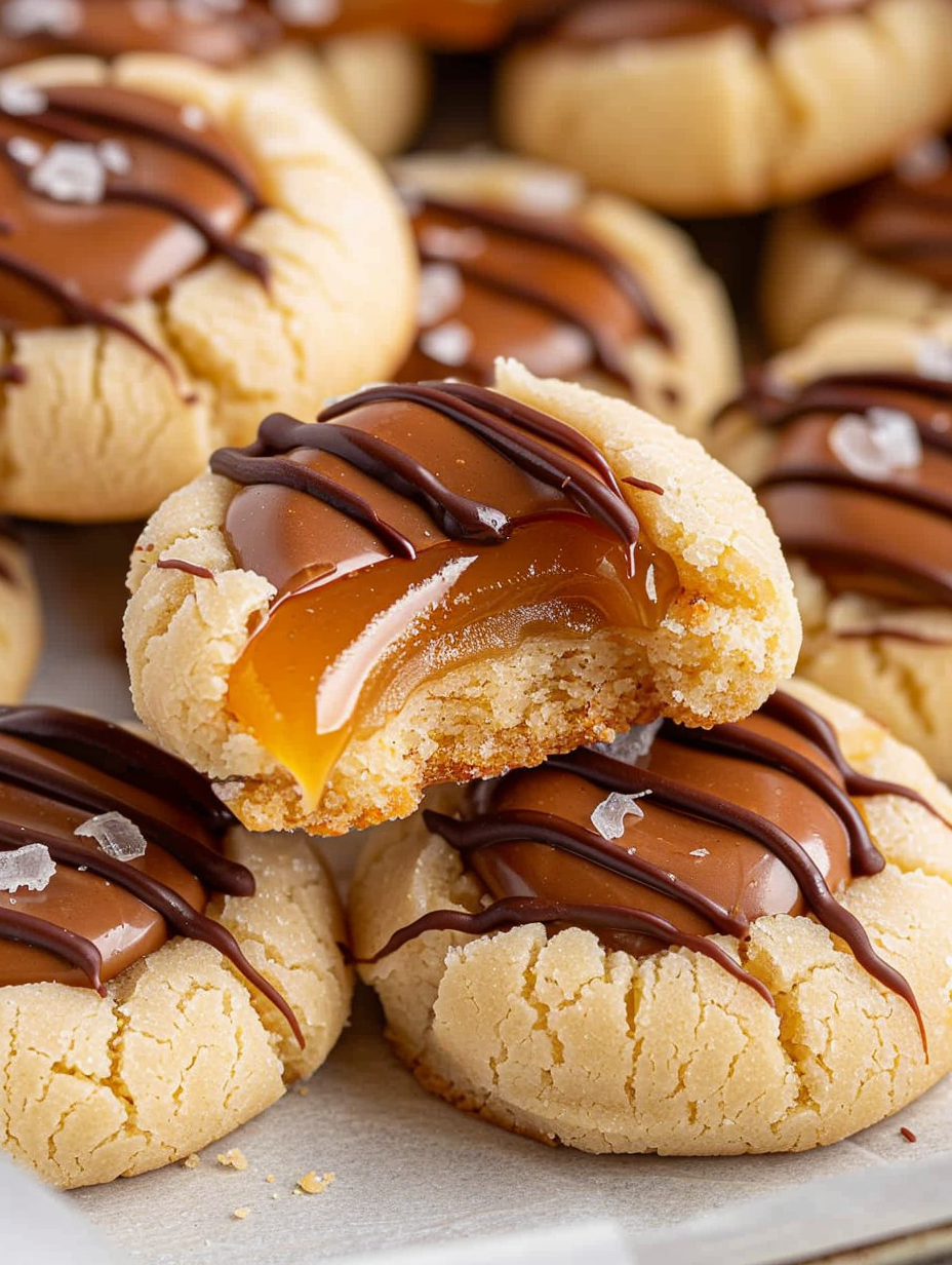 Close-up of a thumbprint cookie filled with caramel and drizzled with chocolate