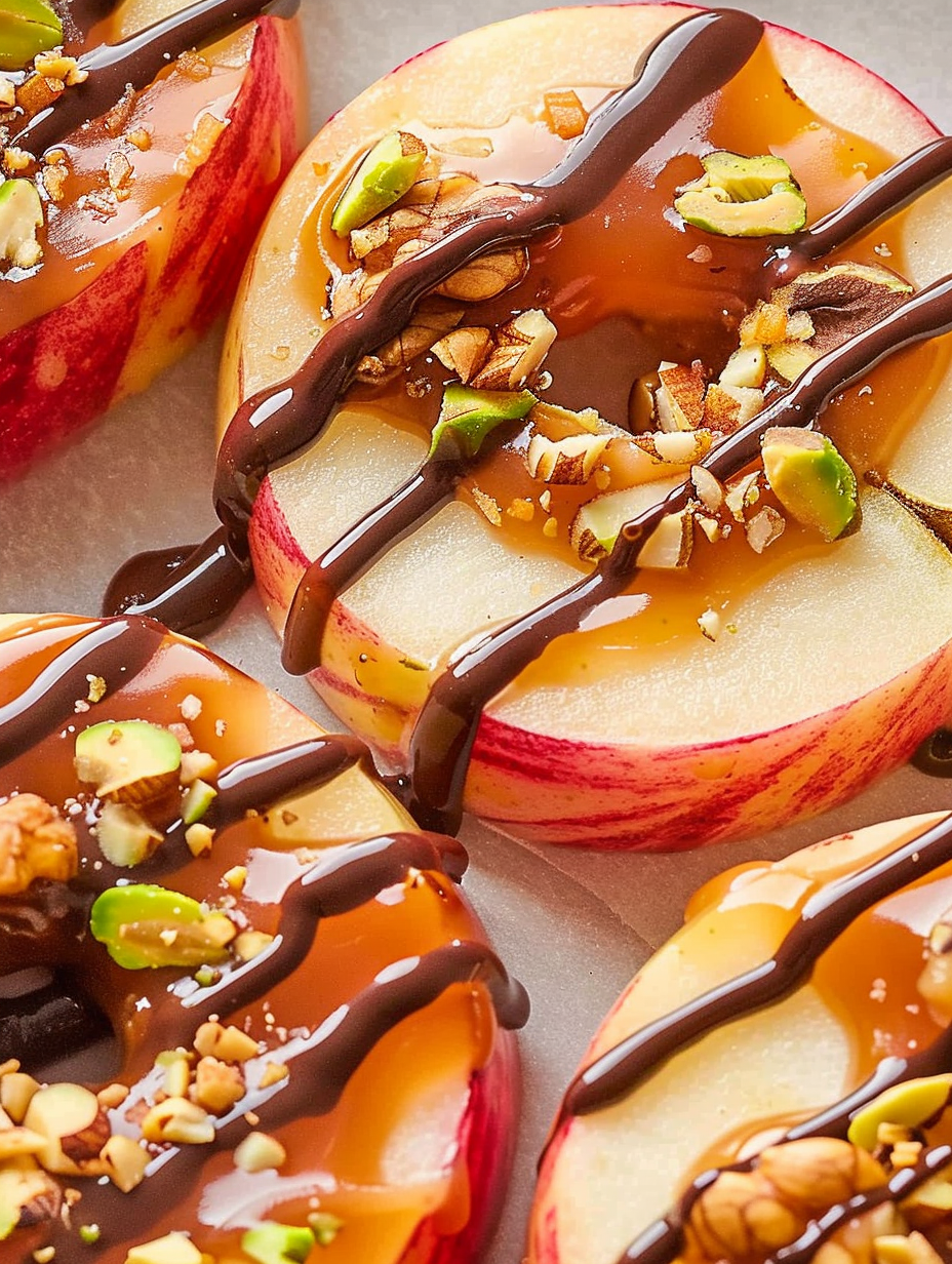 Caramel apple slices on parchment