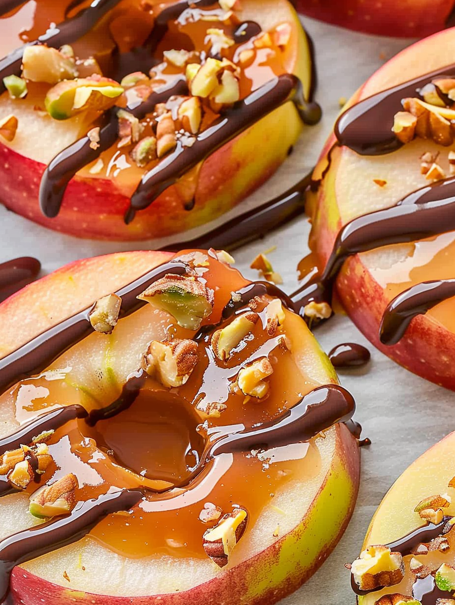 Close-up of apple slice with date caramel and nuts