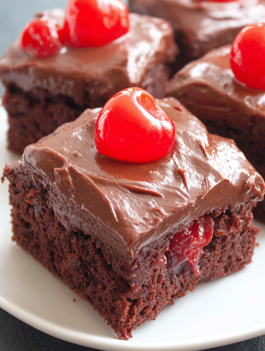 Chocolate cherry bars in a pan with glossy chocolate frosting