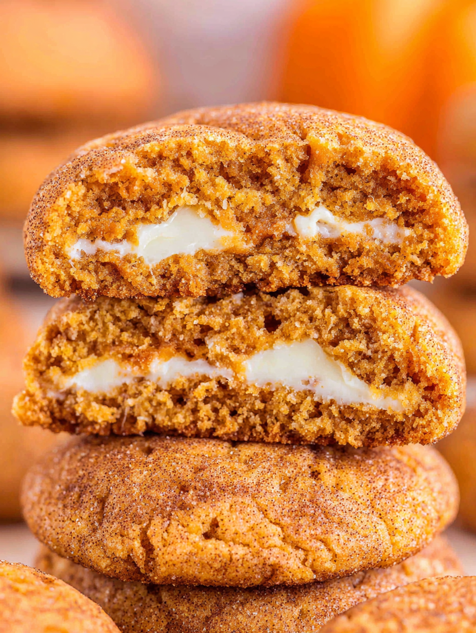 Pumpkin snickerdoodle cheesecake cookies on a baking sheet