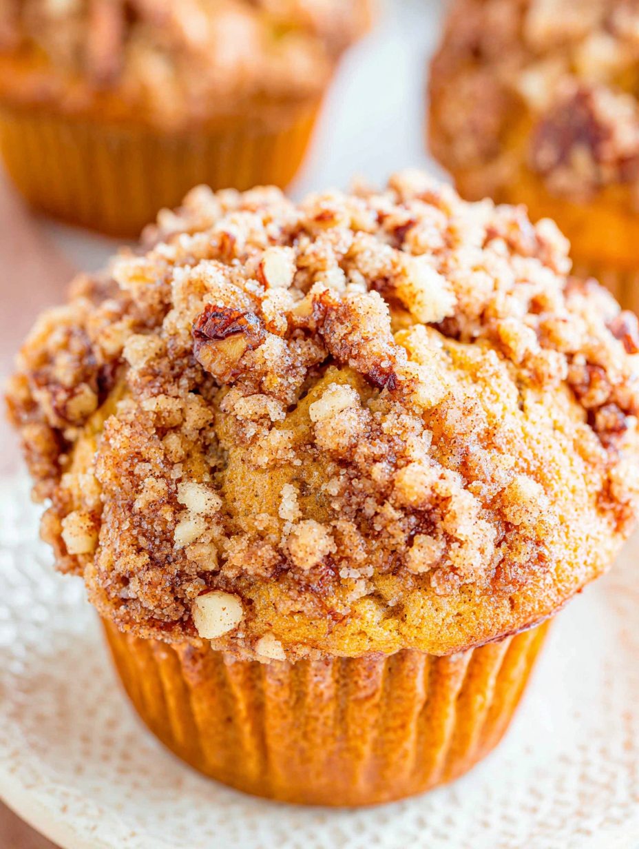 Two apple muffins with crumb topping on a cooling rack