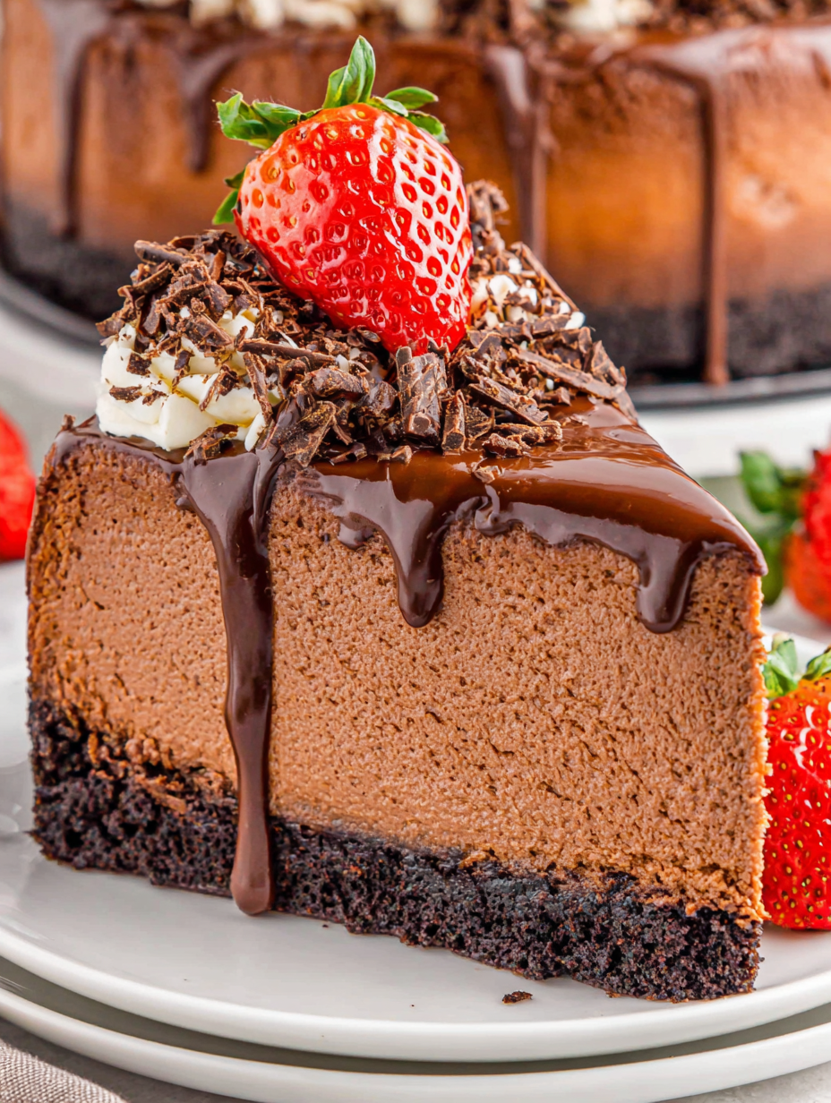 Triple Chocolate Cheesecake on a cake stand with berries