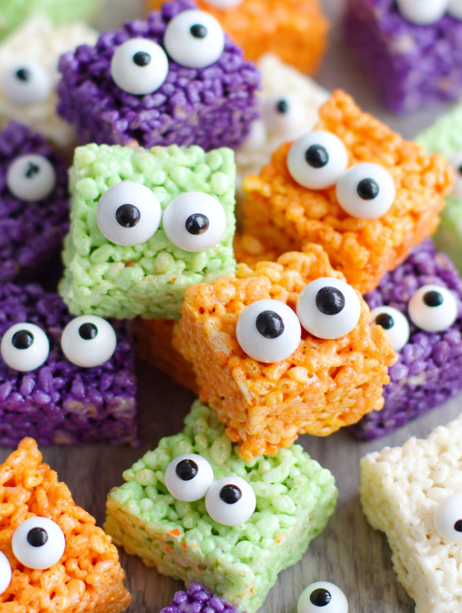 Halloween Rice Krispie Treats with candy eyes on parchment paper