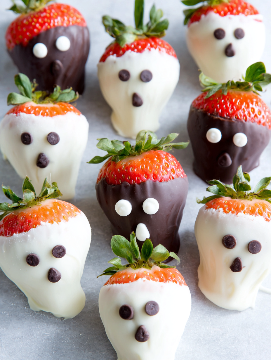 White chocolate covered strawberry ghosts on parchment