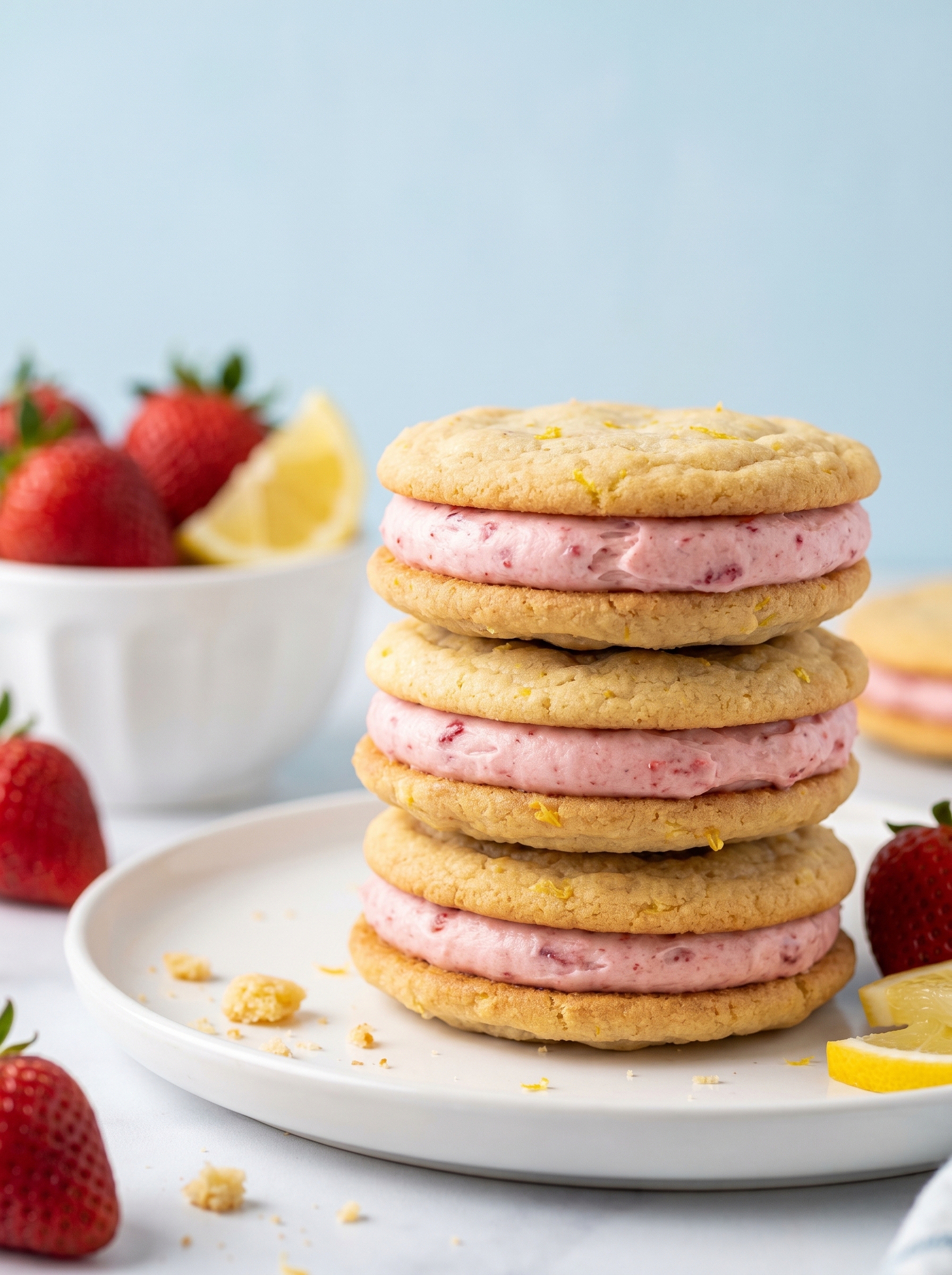 Lemon sandwich cookies with strawberry frosting on a cooling rack