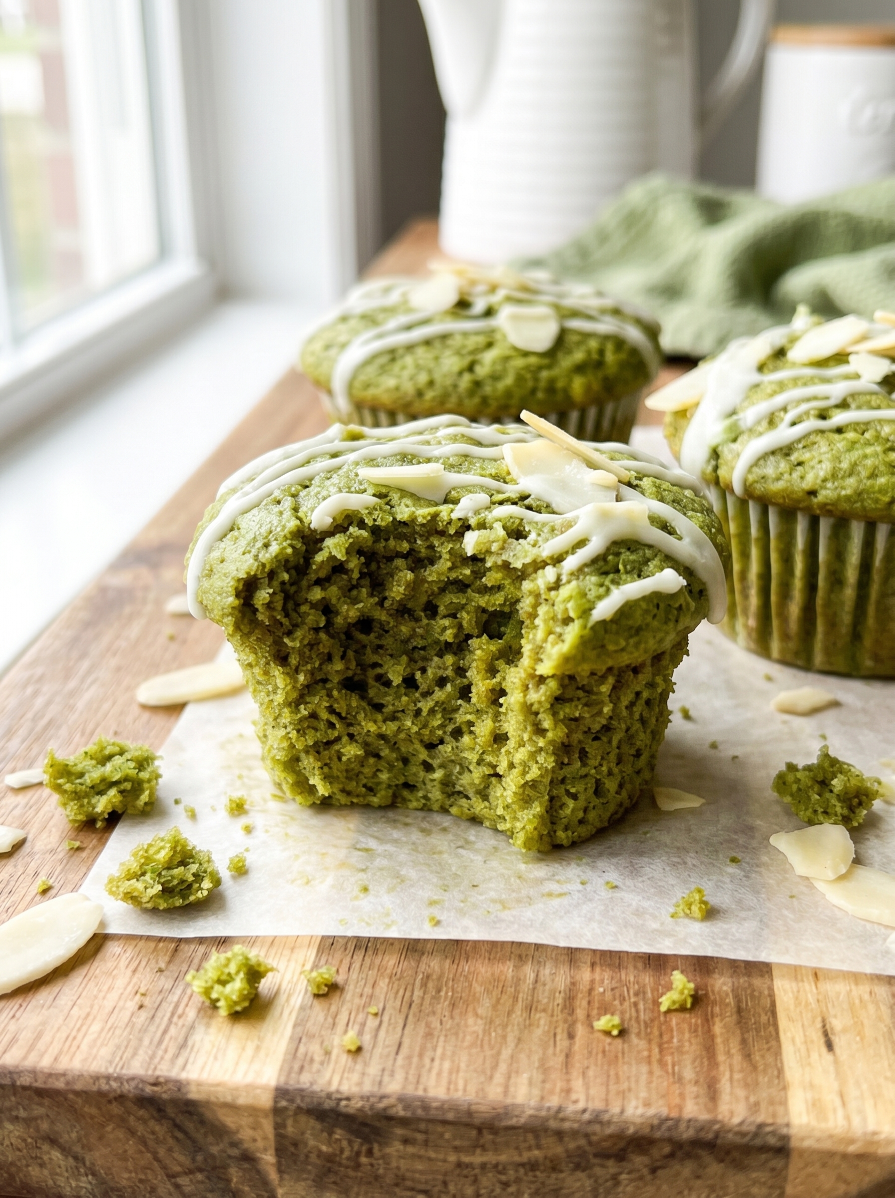 Matcha muffins on a wooden board with a cup of tea