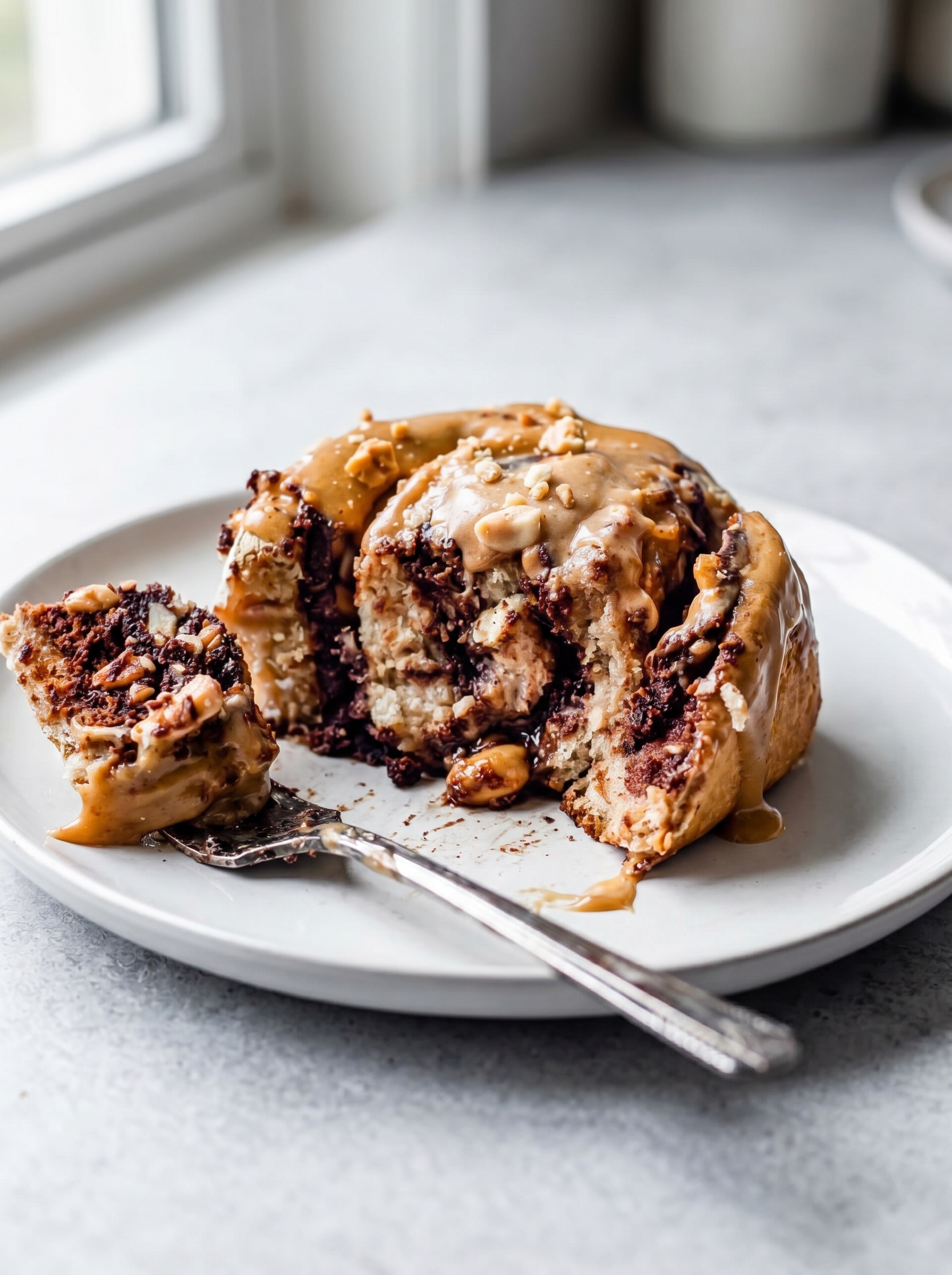 Snickers-style cinnamon rolls with icing and chopped peanuts